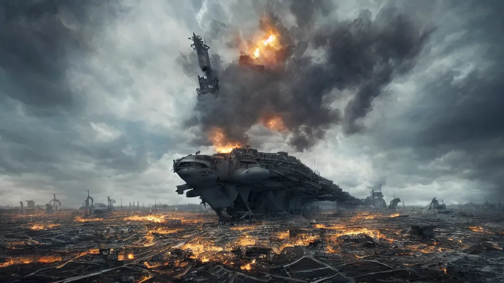 Image similar to an immense steampunk aircraft carrier crashed and burning in a field, thick black smoke billowing, turbulent storm clouds, dystopian, sharp focus, octane render, imax