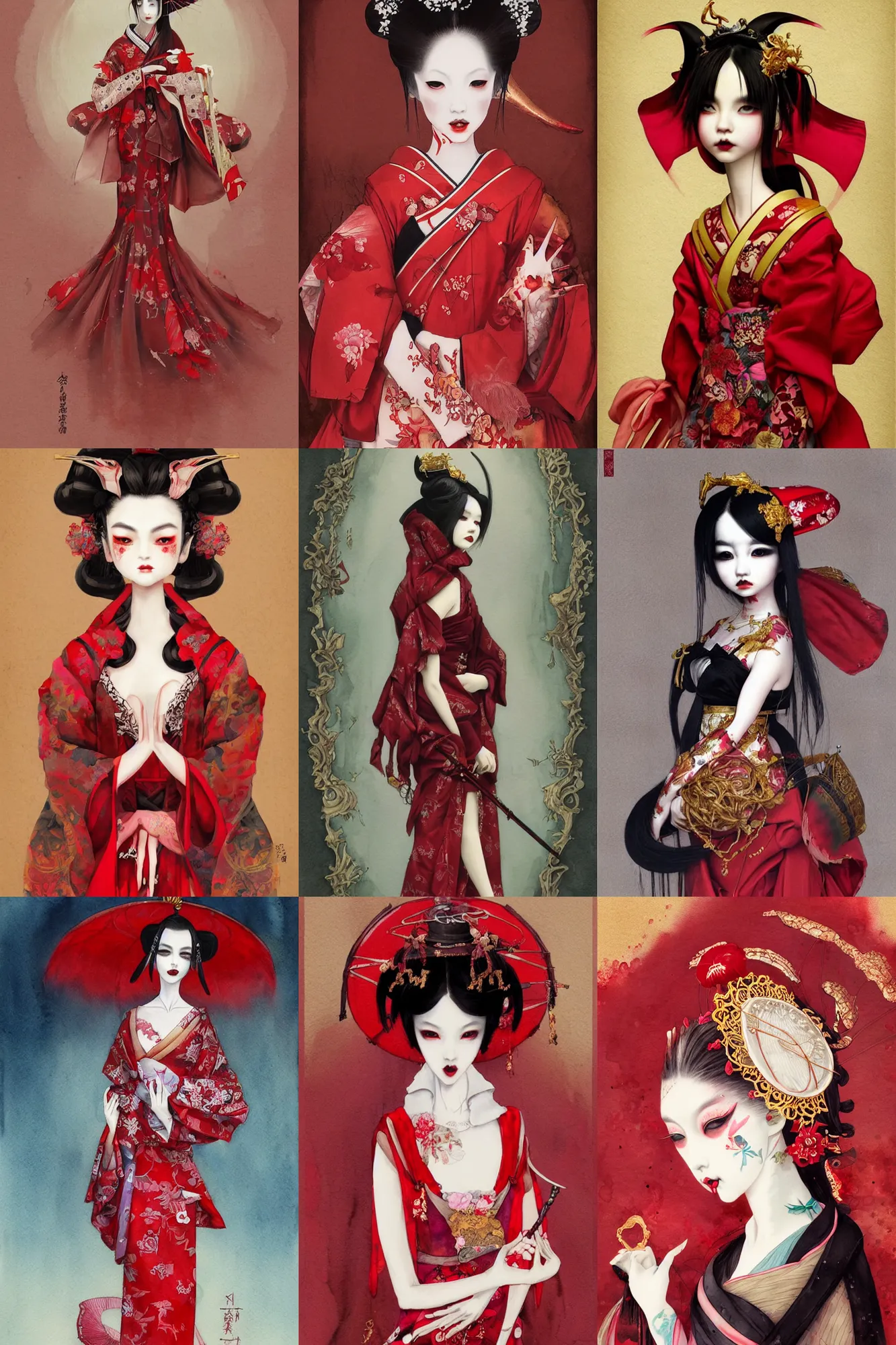 Prompt: watercolor painting of an avant - garde japanese bjd geisha vampire queen with a long neck in a lolita fashion red dress painted by z. w. gu, amy sol, tom bagshaw, intricate detail, artstation, artgerm, in the style of dark - fantasy, rococo, gold leaf art