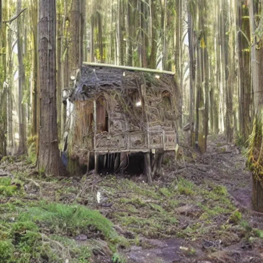 Image similar to a cinematic movie shot of a rustic multi-story ramshackle hut in the magical forest