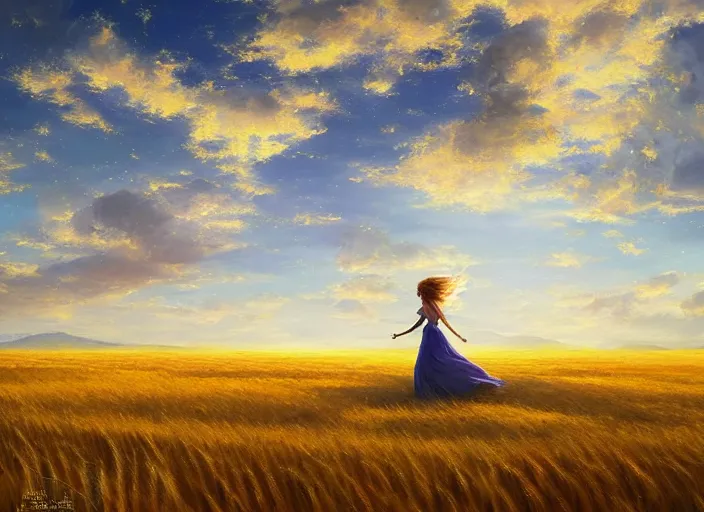 Image similar to a lone princess walks through a vast wheat field in the cosmic sky by vladimir volegov and alexander averin and peder mørk mønsted and guweiz and raphael lacoste