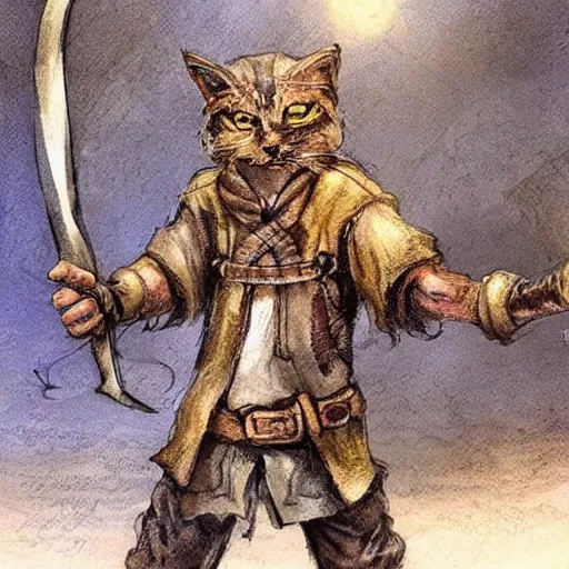 Image similar to humanoid homeless cat wielding a sword and wearing rags, d & d, fantasy, concept art