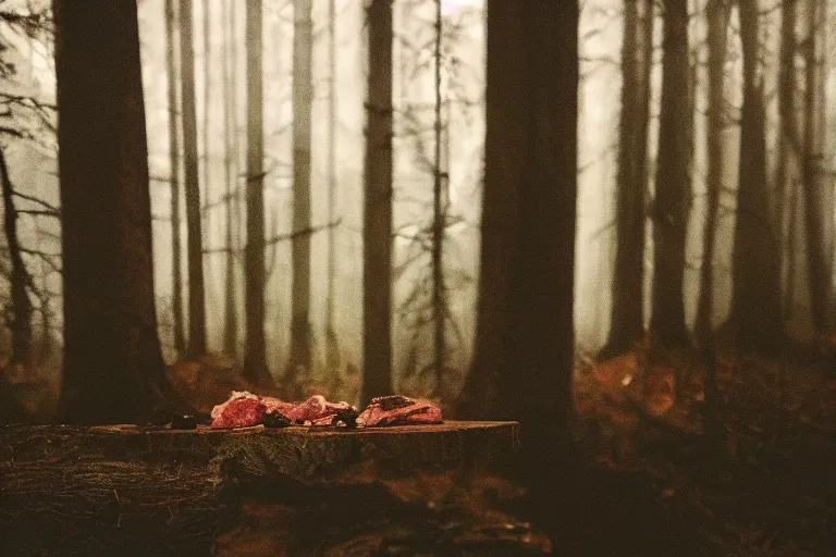 Image similar to terrible dark forest in the depths of which there is a large butcher chopping meat on a wooden stump from Dota 2 filmed hidden on a phone camera, Cinematic, wildlife photography, 35mm, photo on iphone