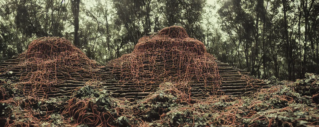 Prompt: an ancient aztec temple in the middle of the forest covered in spaghetti and meatballs, with parmesan cheese, canon 5 0 mm, cinematic lighting, photography, retro, film, kodachrome