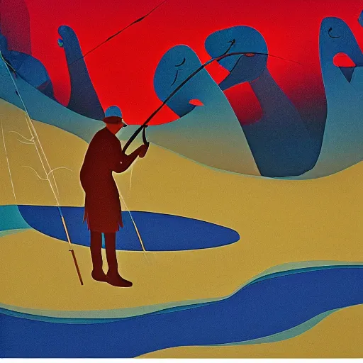 Image similar to eyvind earle desert fishing game big fish sand