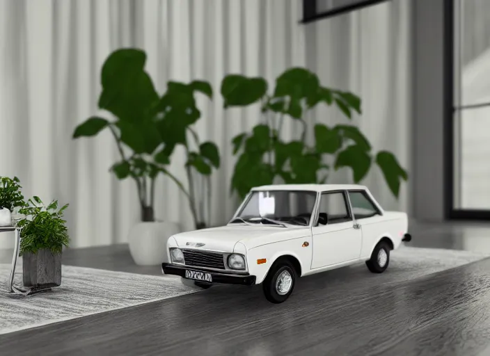 Image similar to a small miniature of a Ford Cortina 1980 on a white table near a book and a vase with a plant, 3d render, octane render, unreal engine 5, path tracing, serene landscape, calm, relaxing, beautiful landscape, highly detailed, high quality, 4k, symmetrical, low contrast