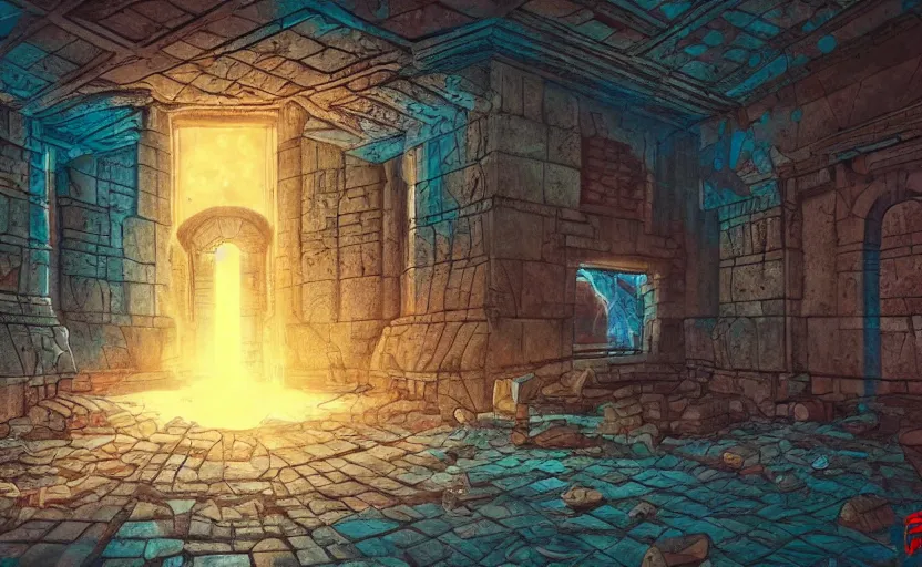 Image similar to a portal in the floor, ancient ruins, epic retrowave art, trending on art station