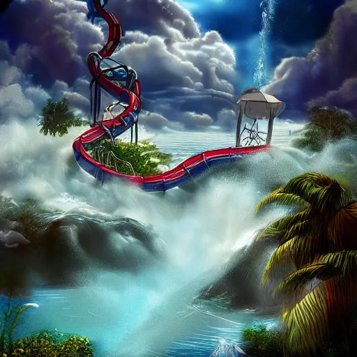 Image similar to waterpark in the clouds of heaven, digital art, cinematic lighting, epic composition, highly detailed