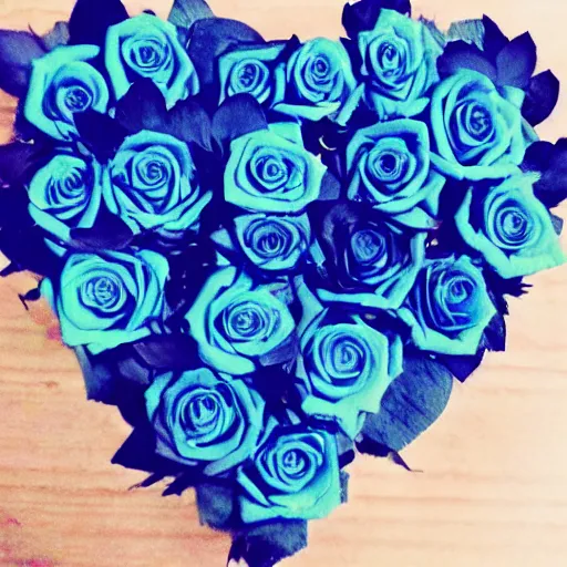 Prompt: blue roses in the shape of a heart and text saying my favourite person in the middle