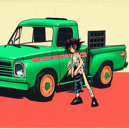 Image similar to a japanese print of a gorillaz album cover, green pickup car, art by akira toriyama.