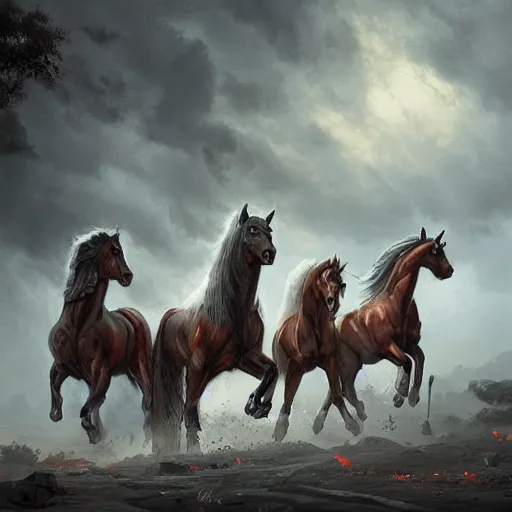 Image similar to the four horses of the apocalypse, digital Art, Greg rutkowski, Trending artstation, cinematographic, hyperrealistic