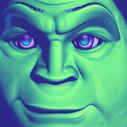 Prompt: closeup portrait of an ethereal shrek made of blue light, divine, cyberspace, mysterious, dark high-contrast concept art