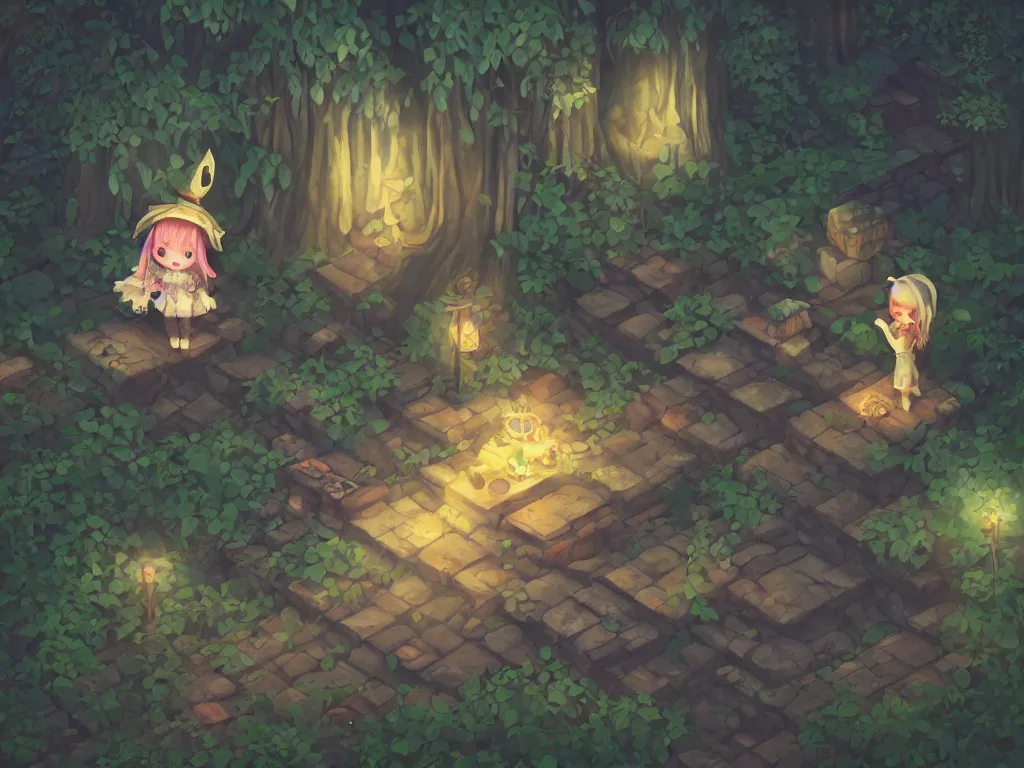 Image similar to cute fumo plush gothic witch girl exploring a forbidden cursed magic temple in the woods, magical glow, isometric perspective, orthographic, vignette, vray