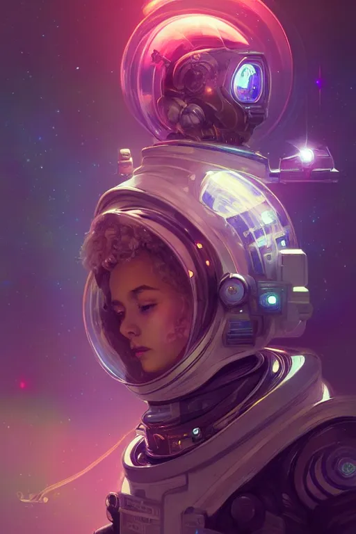 Image similar to portrait armored astronaut girl, control spaceship at commander room, ssci-fi, neon light and galaxy light effect, fantasy, intricate and very very beautiful and elegant, highly detailed, digital painting, artstation, concept art, smooth and sharp focus, illustration, art by tian zi and WLOP and alphonse mucha