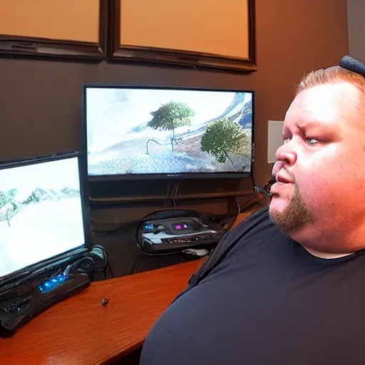 Image similar to obese Allan Moore wearing a headset yelling at his monitor while playing WoW highly detailed wide angle lens 10:9 aspect ration award winning photography by David Lynch esoteric erasure head