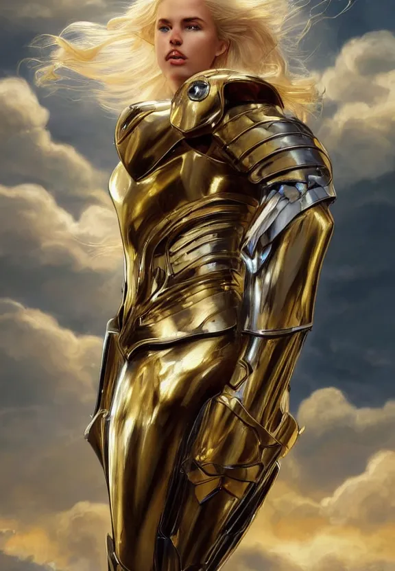 Prompt: A beautiful fierce photogenic blonde-haired angel wearing metallic battle armor, posing heroically with heavenly sunlit clouds in the background, close-up shot, elegant, digital painting, golden hour, cinematic, epic, trending on artstation, concept art, smooth, sharp focus, illustration, art by artgerm and Greg Rutkowski and Alphonse Mucha