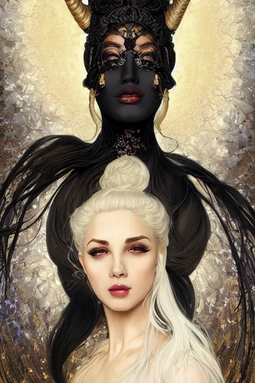 Image similar to fullbody!! of a beautiful woman with white hair, big natural horns on her head, long flowing intricate black lace dress, gold jewellery, dnd, face, fantasy, intricate, elegant, highly detailed, digital painting, artstation, concept art, smooth, sharp focus, illustration, art by artgerm and greg rutkowski and alphonse mucha