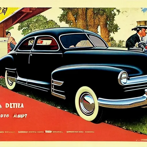 Prompt: in the style of norman rockwell, 1 9 4 8 desoto car, black, driving through a 1 9 5 0 s town