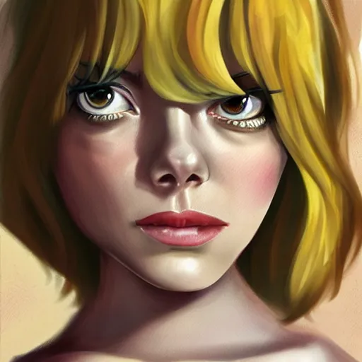 Prompt: emma stone portrait by sandra winther, disney cartoon face, glamorous, character art, digital illustration, big eyes, realistic shaded perfect face, fine details, realistic shaded lighting, soft and blurry