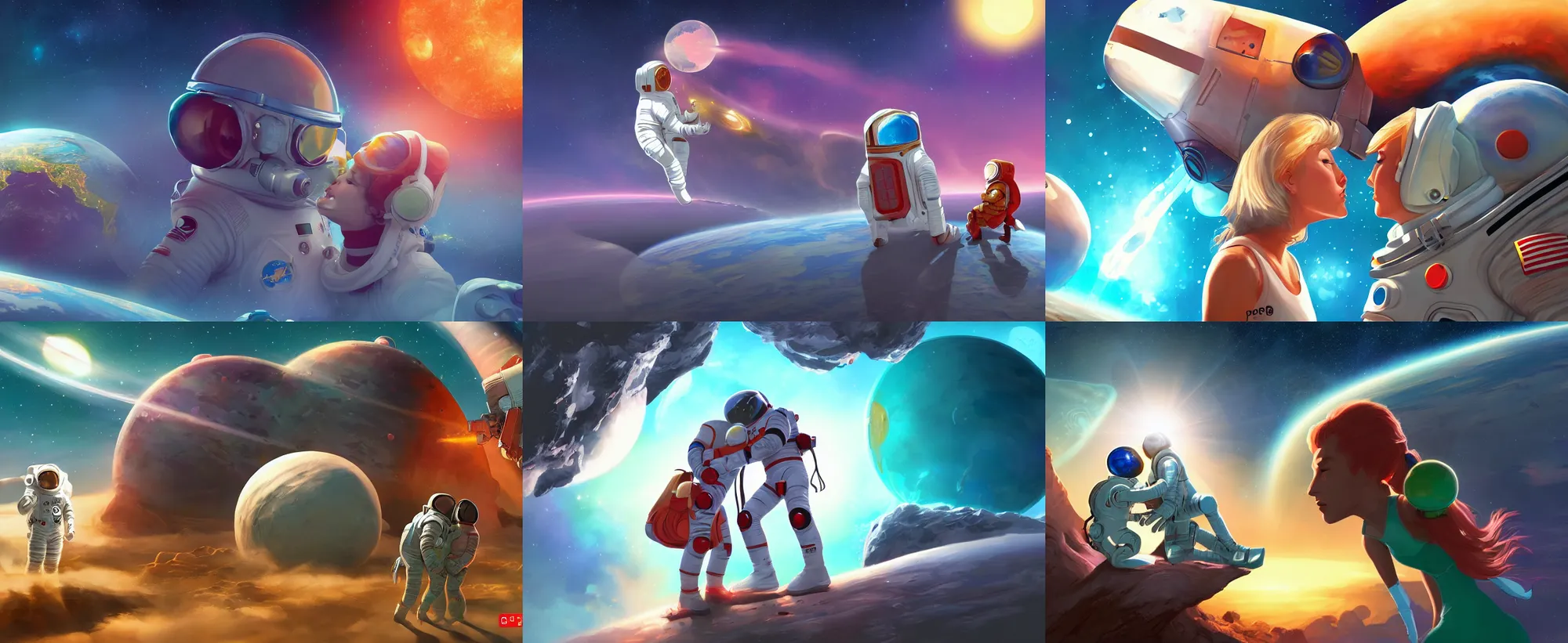 Prompt: spaceman kissing spacegirl in space with earth in the distance, digital game splash screen promo art for zeptolabs, featured on artstation, senior artist at zeptolabs