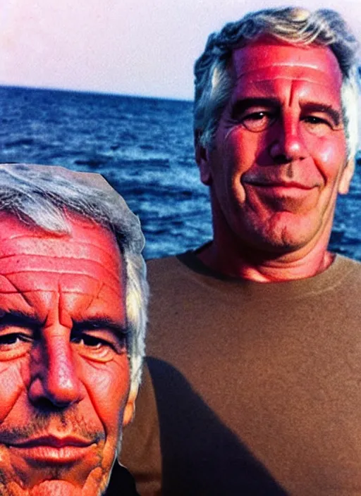 Image similar to polaroid of jeffrey epstein and donald trump on an island