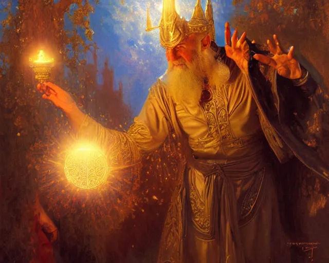 Image similar to ornate wizard man, casting light magic, summoning a noble deity. highly detailed painting by gaston bussiere, craig mullins, j. c. leyendecker 8 k