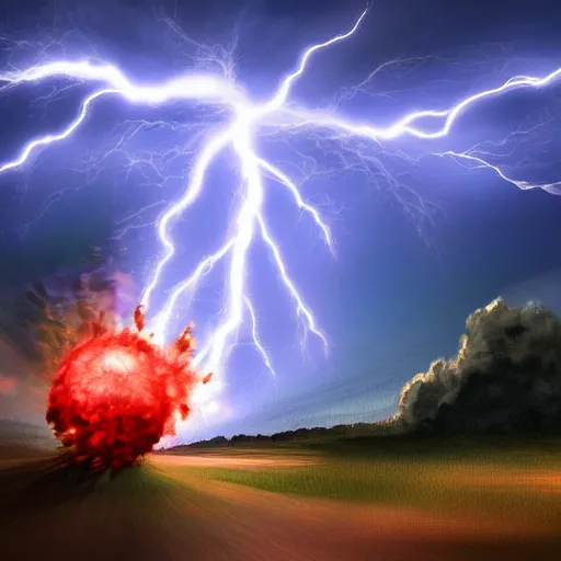 Image similar to power transformer exploding from lightning strike, digital painting, 8 k, dynamic lighting