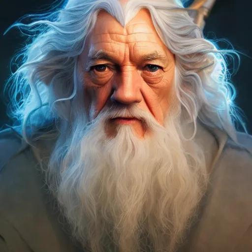 Image similar to a portrait of gandalf cinematic lighting, photorealistic, octane render, 8 k, depth of field, 3 d, art by artgerm and greg rutkowski and alphonse mucha and uang guangjian and gil elvgren and sachin ten