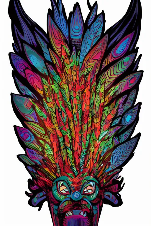 Image similar to animal mask totem roots flower tribal feather gemstone plant wood rock shaman vodoo video game vector cutout illustration vivid multicolor borderlands comics by josan gonzales and dan mumford radiating a glowing aura