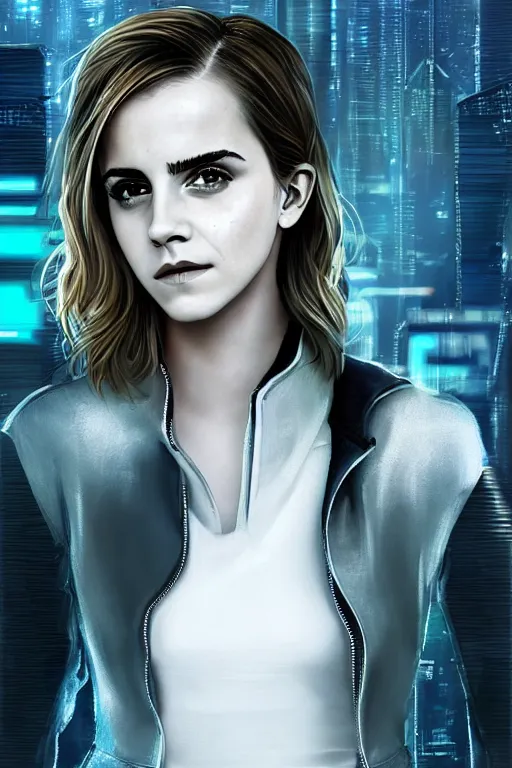 Image similar to Emma Watson, head and shoulders portrait, the background is a huge futuristic city, cyberpunk style futuristic neon lights, artstation cgsociety masterpiece highly-detailed