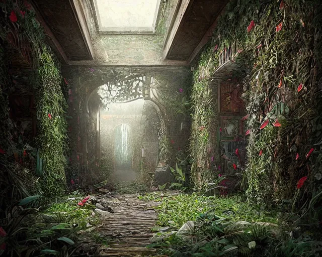 Image similar to Overgrown hallway, immaculate scale, matte painting, digital art, trending on Artstation, hyper-realistic, detailed, ultra detailed