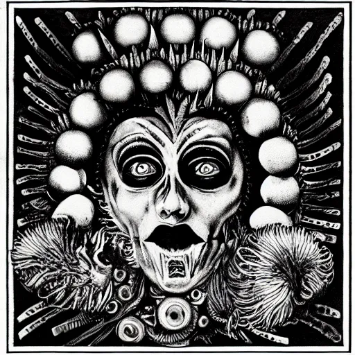 Prompt: punk album cover, blank horizontal banner on top, black and white spiral, psychedelic, giuseppe arcimboldo