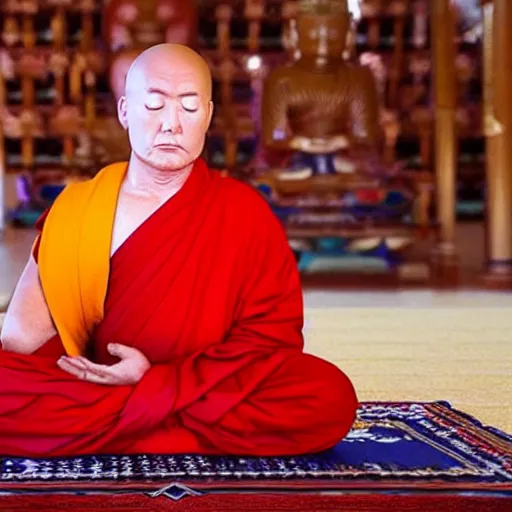 Prompt: a still photograph of Donald Trump meditating in a Buddhist Temple