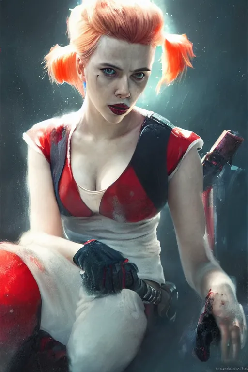 Image similar to a portrait of a Scarlett Johansson as Harley Quinn by Greg Rutkowski, Sung Choi, Mitchell Mohrhauser, Maciej Kuciara, Johnson Ting, Maxim Verehin, Peter Konig, final fantasy , mythical, 8k photorealistic, cinematic lighting, HD, high details, atmospheric,