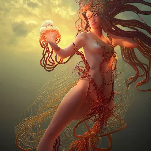 Image similar to Full body photo of the most beautiful goddess, she has a jellyfish-phoenix head's and a siren body, some tentacles are touching her, she swimming to heaven, by Tooth Wu, trending on Artstation, digital art, symmetrical artwork, cinematic, hyper realism, high detail, octane render, 4k, 8k