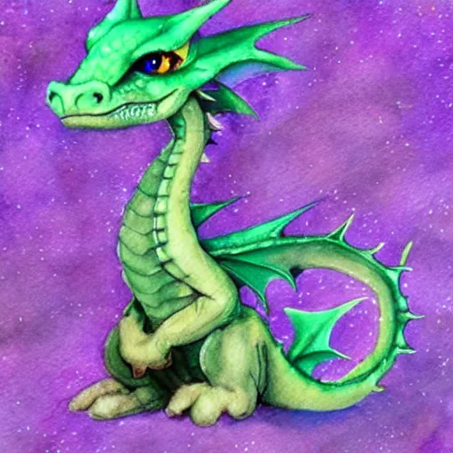 Image similar to adorable baby dragon, the dragon is purple and glittery, fantasy concept art, pastels, ethereal fairytale, watercolor