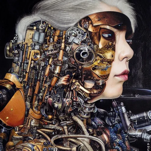 Image similar to 8 k uhd, detailed portrait, high dynamic range, by katsuhiro otomo : ( background = varnished oil paint on black background with pastel paint splashes in background ) + ( subject = queen baroque expressionist cyborg machine goddess + subject detail = very detailed ) painted on a car