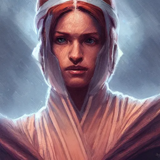 Image similar to portrait of a woman by greg rutkowski, jedi knight jade skywalker, wavy copper hair, jedi robes, star wars expanded universe, she is about 2 0 years old, wearing jedi robes, highly detailed portrait, digital painting, artstation, concept art, smooth, sharp foccus ilustration, artstation hq