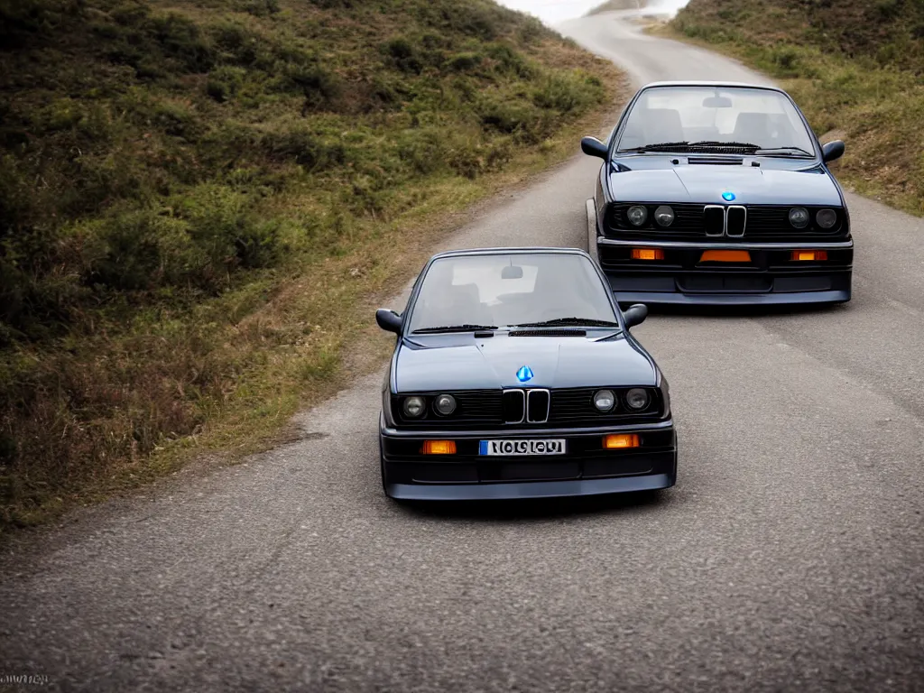 Image similar to a single modified bmw e 3 0 with lights on a mountain road, motion blur, 3 5 mm photography, car photography, clean lines, realistic