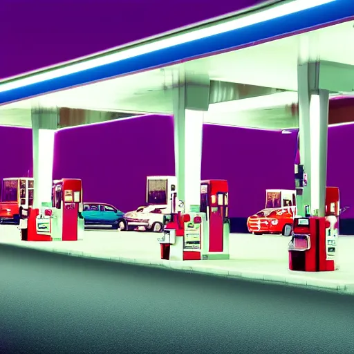Prompt: a gas station at nighttime, screenshot, extreme long shot, cold lighting, Vaporware style