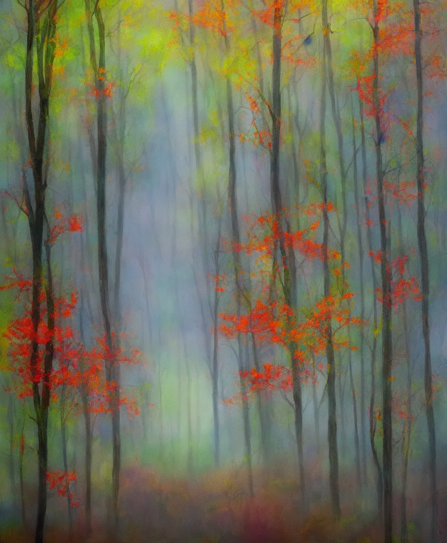 Image similar to a mysterious, foggy forest with haunted trees and colorful flowers, water painting