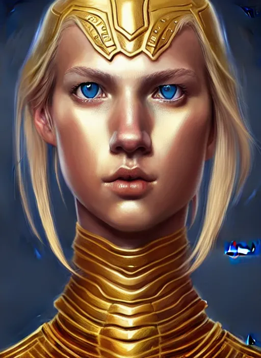 Prompt: golden armor full - body portrait of slavic young woman warrior, front, symmetrical, extremely detailed face, beautiful face, blonde hair, blue eyes, digital painting, true anatomy, by valerian city of a thousand planets, by ruan jin #, by mandy jurgens #, by artgerm #, william - adolphe bouguerea #