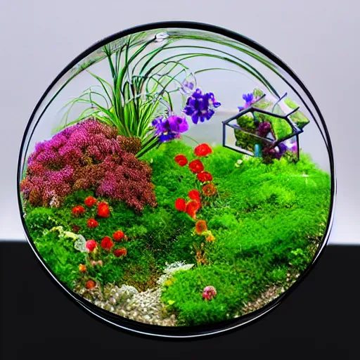 Prompt: a photorealistic complex magic macroscopic glass terrarium with highly detailed complex flower life garden inside.