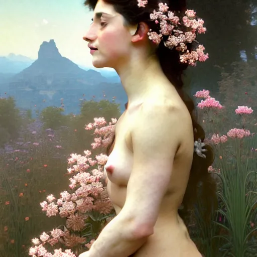 Image similar to a photograph of the most beautiful woman that has ever existed, surrounded by unique natural landscape of delicate flowers., highly detailed, digital painting, artstation, concept art, smooth, sharp focus, illustration, art by artgerm and greg rutkowski and alphonse mucha and william - adolphe bouguereau