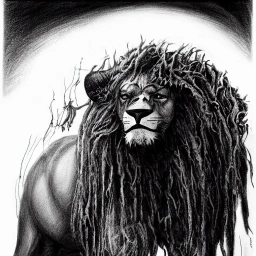 Image similar to Black and white drawing of Mufasa\'s death, Long live the king, Stephen Gammell style, evil, high detail, Scary Stories