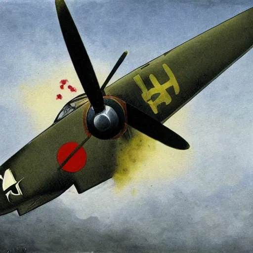 Prompt: Painting depicting a kamikaze in his last moments.