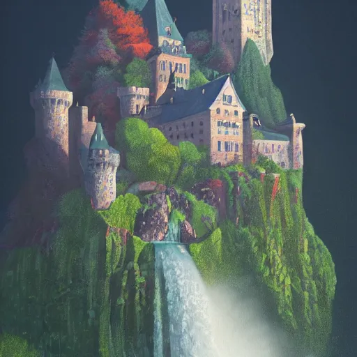 Prompt: a painting of a castle with a waterfall in front of it. unreal engine 5, digital painting, vertical, intricate, beautiful, detailed, grunge, sharp focus, abstract art by kuvshinov and el lissitzky and artgerm and kandinsky, trending on artstation. gradient darker to bottom