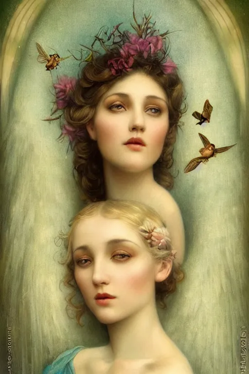 Image similar to An extremely beautiful young woman explaining the birds and the bees by Tom Bagshaw in the style of a modern Gaston Bussière, art nouveau, art deco, surrealism. Extremely lush detail. Melancholic scene. Perfect composition and lighting. Profoundly surreal. High-contrast lush surrealistic photorealism. Sultry and mischievous expression on her face.