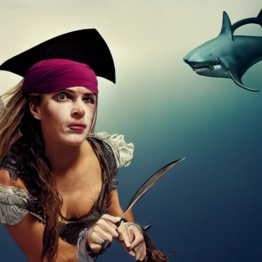 Image similar to a Swashbuckling pirate wearing her best shark skin, photo by annie Leibowitz