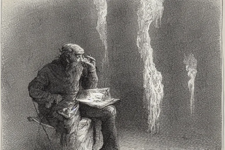 Image similar to man wearing paper bag smoking a blunt, Gustave Dore lithography