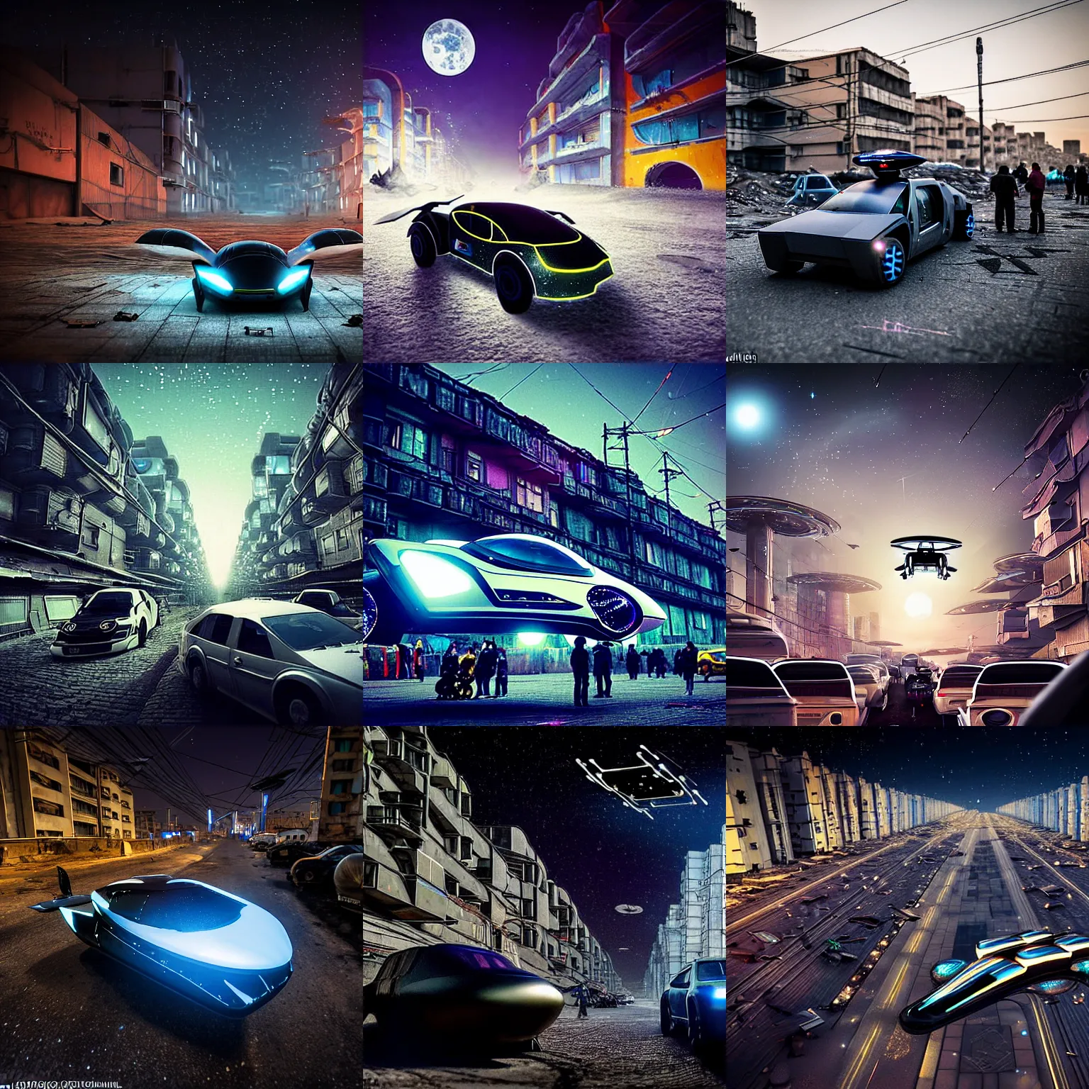 Prompt: hundreds of sci-fi flying cars on the street in a Russian cyberpunk slum city called Neo Norilsk on the Moon, at night, diverse, lively, black sky full of stars, blinding sun, sci-fi, lots of flying cars, levitation, cyberpunk outfits, photorealistic, grainy, 35mm, intricate, very very beautiful, elegant, smooth, cinematic, Unreal Engine 5, trending on Artstation HD